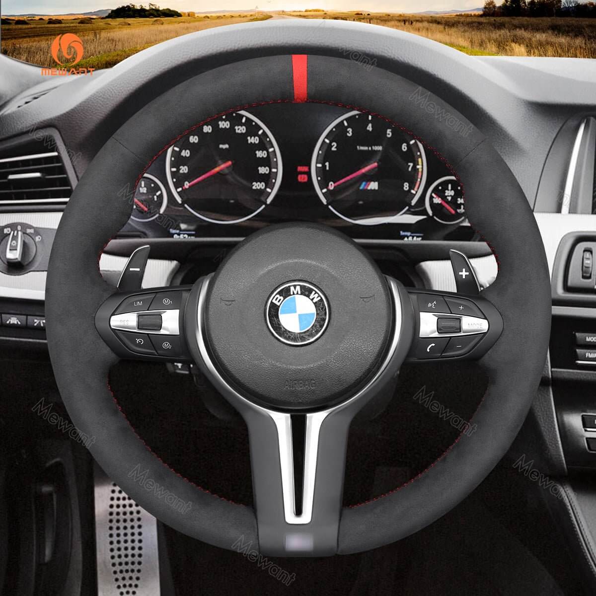MEWANT Hand Stitch Car Steering Wheel Cover for BMW M2 F87 M3 F80 M4 F82 F83 M5 F10 M6 F06 F12 F13 X5 M X6 M F86 - Alcantara, Leather, Carbon Fiber, Easy Install, Non - Slip, Best Steering Wheel Cover