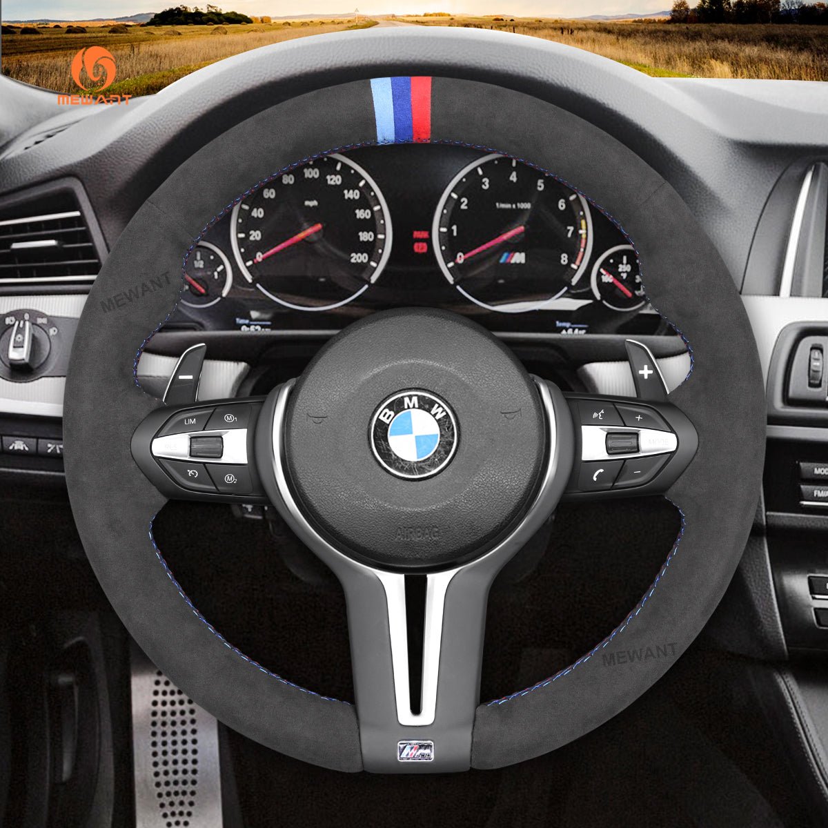 MEWANT Hand Stitch Car Steering Wheel Cover for BMW M2 F87 M3 F80 M4 F82 F83 M5 F10 M6 F06 F12 F13 X5 M X6 M F86 - Alcantara, Leather, Carbon Fiber, Easy Install, Non - Slip, Best Steering Wheel Cover