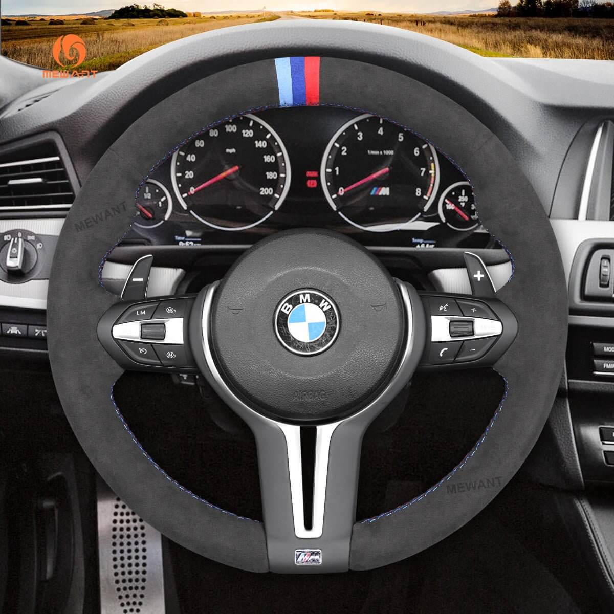 MEWANT Hand Stitch Car Steering Wheel Cover for BMW M2 F87 M3 F80 M4 F82 F83 M5 F10 M6 F06 F12 F13 X5 M X6 M F86 - Alcantara, Leather, Carbon Fiber, Easy Install, Non - Slip, Best Steering Wheel Cover