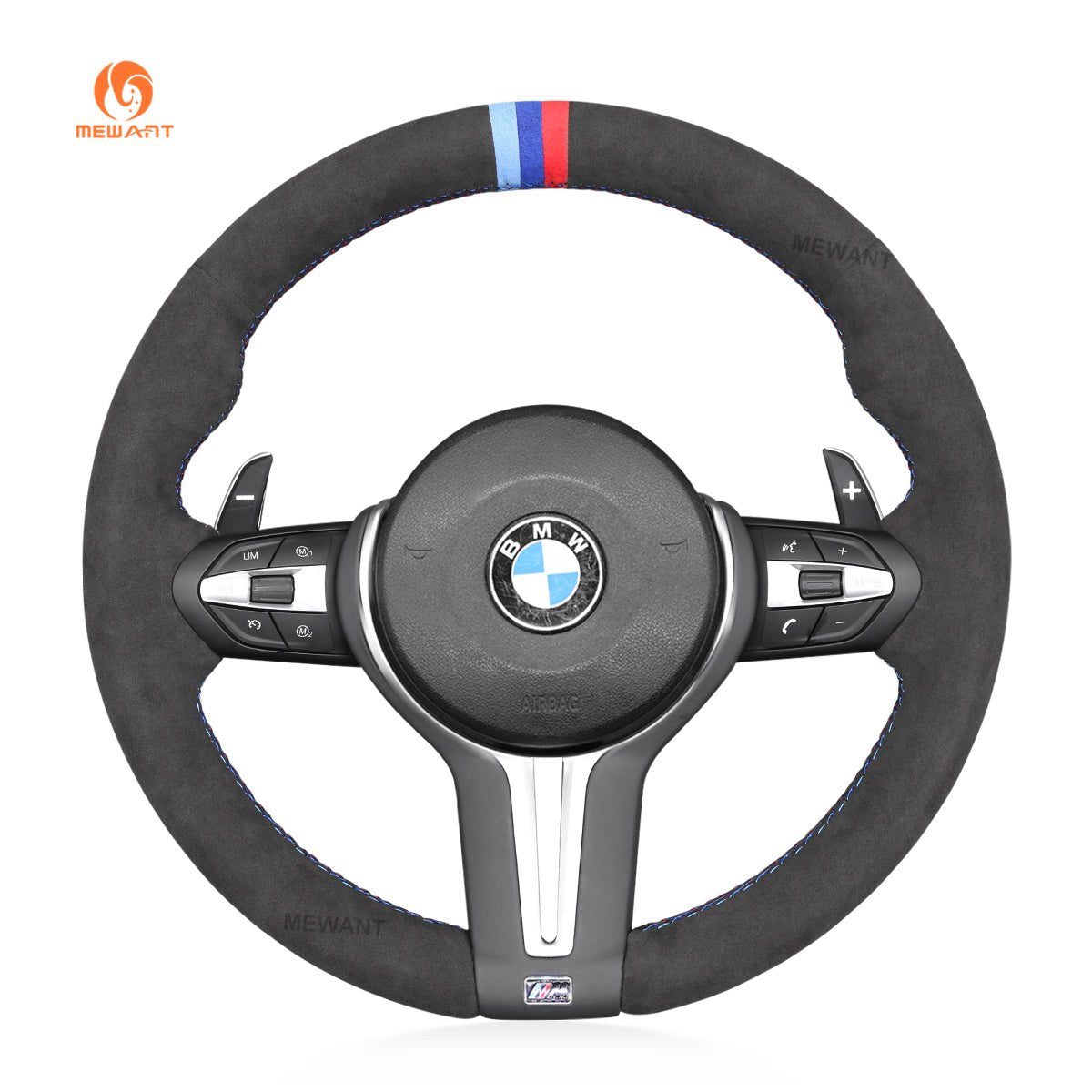 MEWANT Hand Stitch Car Steering Wheel Cover for BMW M2 F87 M3 F80 M4 F82 F83 M5 F10 M6 F06 F12 F13 X5 M X6 M F86 - Alcantara, Leather, Carbon Fiber, Easy Install, Non - Slip, Best Steering Wheel Cover