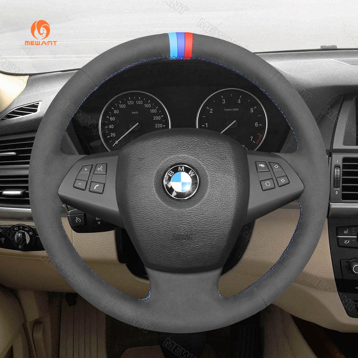 MEWANT Hand Stitch Car Steering Wheel Cover for BMW X5 E70 2007 - 2013 - Alcantara, Leather, Carbon Fiber, Easy Install, Non - Slip, Best Steering Wheel Cover