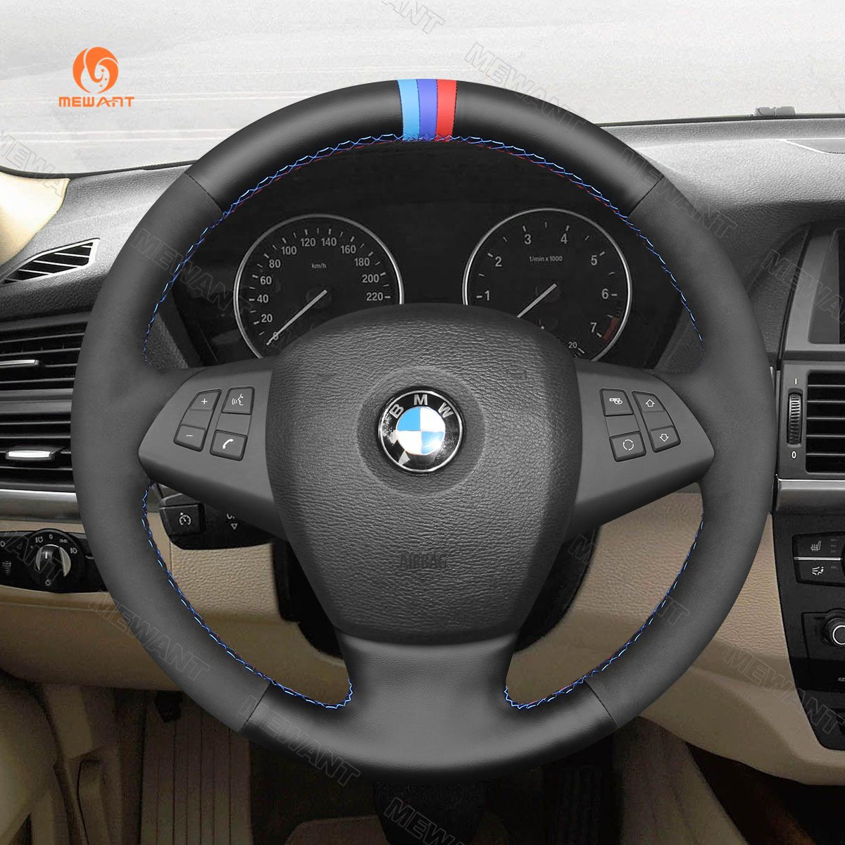 MEWANT Hand Stitch Car Steering Wheel Cover for BMW X5 E70 2007 - 2013 - Alcantara, Leather, Carbon Fiber, Easy Install, Non - Slip, Best Steering Wheel Cover