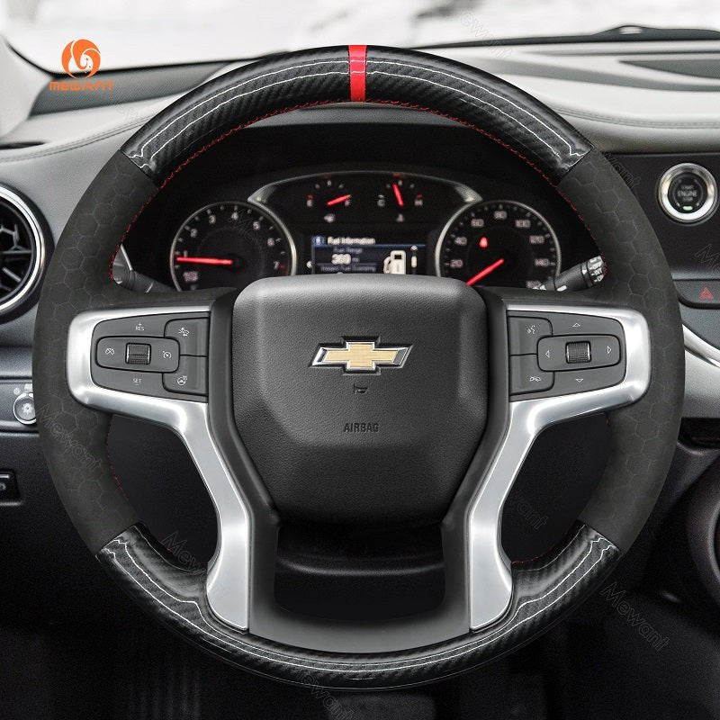 MEWANT Hand Stitch Car Steering Wheel Cover for Chevrolet Blazer Silverado Suburban Tahoe - Alcantara, Leather, Carbon Fiber, Easy Install, Non - Slip, Best Steering Wheel Cover