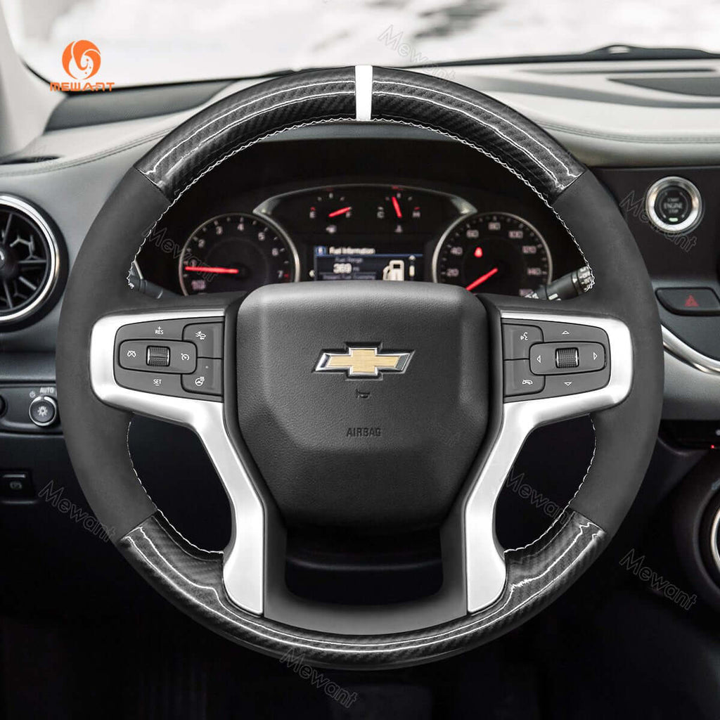 MEWANT Hand Stitch Car Steering Wheel Cover for Chevrolet Blazer Silverado Suburban Tahoe - Alcantara, Leather, Carbon Fiber, Easy Install, Non - Slip, Best Steering Wheel Cover