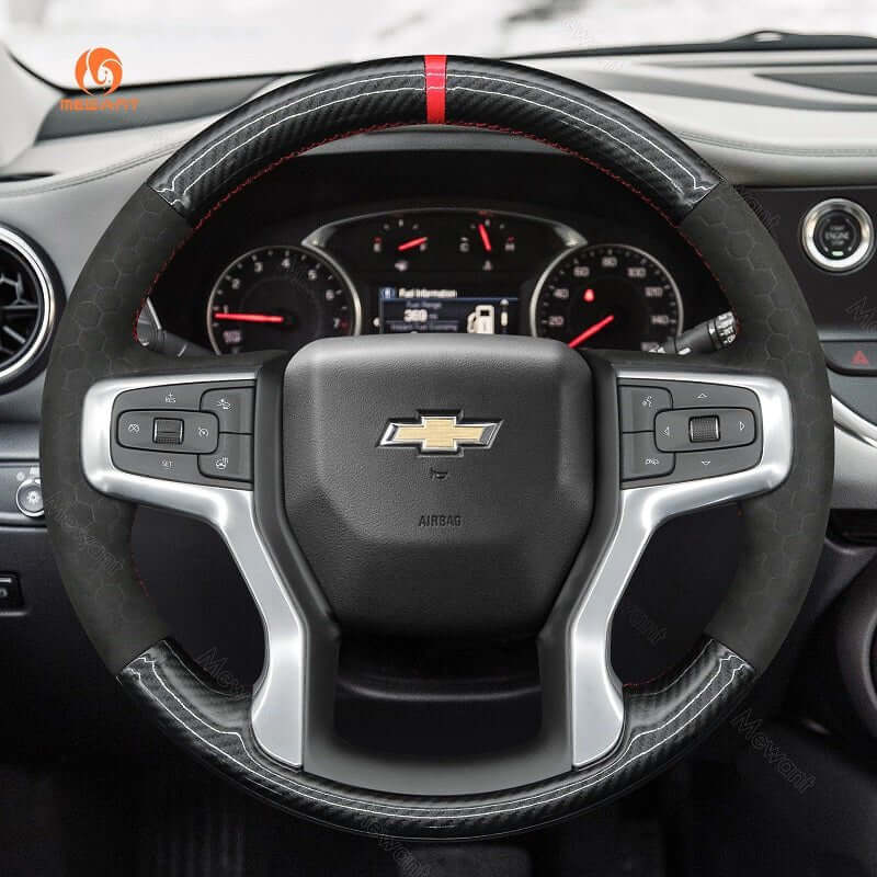 MEWANT Hand Stitch Car Steering Wheel Cover for Chevrolet Blazer Silverado Suburban Tahoe - Alcantara, Leather, Carbon Fiber, Easy Install, Non - Slip, Best Steering Wheel Cover