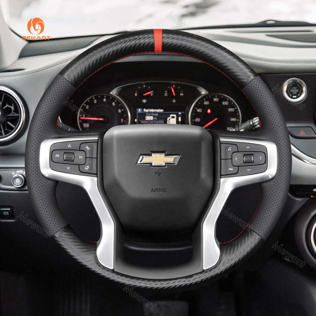 MEWANT Hand Stitch Car Steering Wheel Cover for Chevrolet Blazer Silverado Suburban Tahoe - Alcantara, Leather, Carbon Fiber, Easy Install, Non - Slip, Best Steering Wheel Cover
