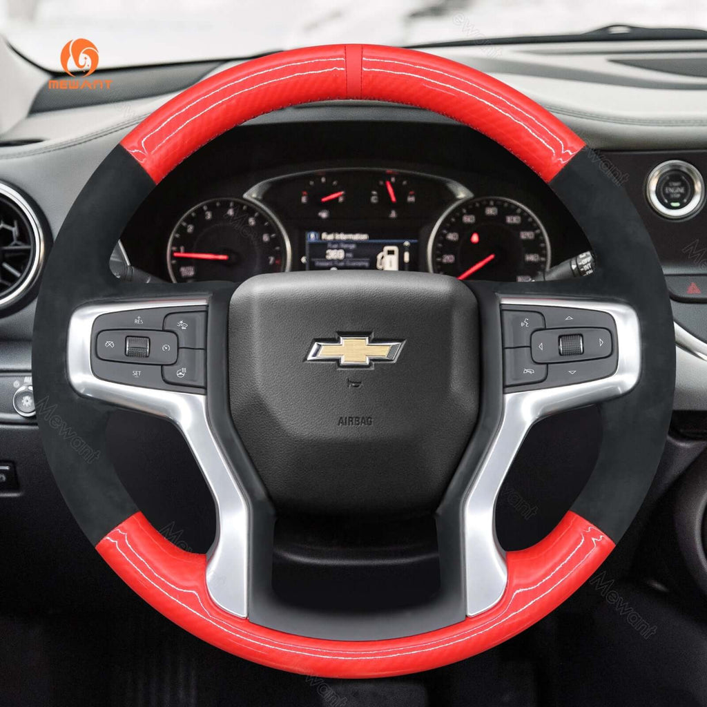 MEWANT Hand Stitch Car Steering Wheel Cover for Chevrolet Blazer Silverado Suburban Tahoe - Alcantara, Leather, Carbon Fiber, Easy Install, Non - Slip, Best Steering Wheel Cover