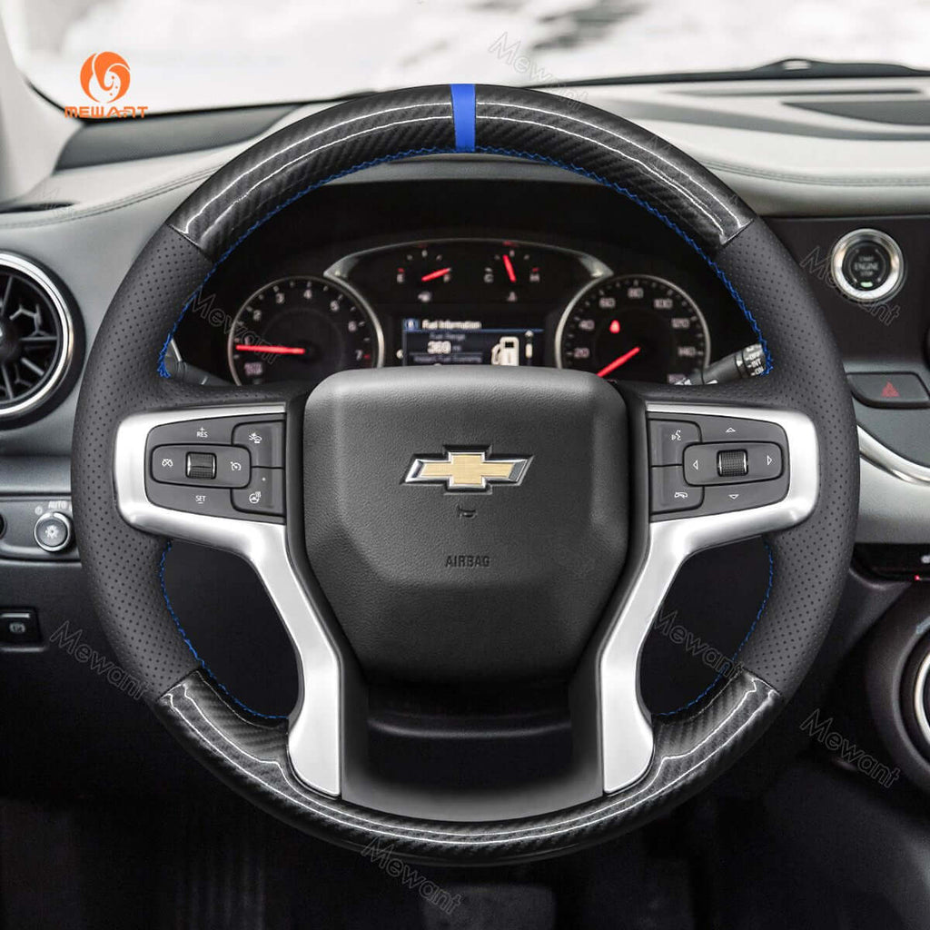 MEWANT Hand Stitch Car Steering Wheel Cover for Chevrolet Blazer Silverado Suburban Tahoe - Alcantara, Leather, Carbon Fiber, Easy Install, Non - Slip, Best Steering Wheel Cover