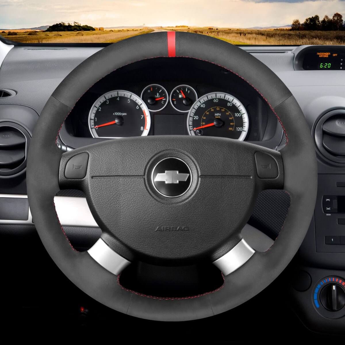 MEWANT Hand Stitch Car Steering Wheel Cover for Chevrolet (Chevy) Aveo/ Kalos/ Lacetti/ Nubira/ for Pontiac G3/for Holden Barina/ Viva - Alcantara, Leather, Carbon Fiber, Easy Install, Non - Slip, Best Steering Wheel Cover