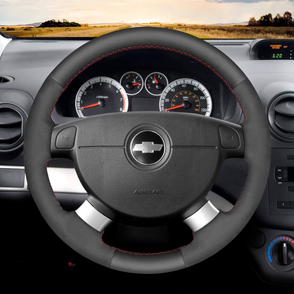 MEWANT Hand Stitch Car Steering Wheel Cover for Chevrolet (Chevy) Aveo/ Kalos/ Lacetti/ Nubira/ for Pontiac G3/for Holden Barina/ Viva - Alcantara, Leather, Carbon Fiber, Easy Install, Non - Slip, Best Steering Wheel Cover
