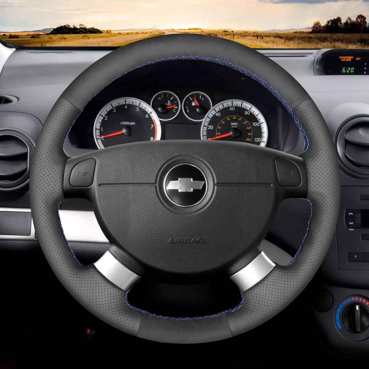 MEWANT Hand Stitch Car Steering Wheel Cover for Chevrolet (Chevy) Aveo/ Kalos/ Lacetti/ Nubira/ for Pontiac G3/for Holden Barina/ Viva - Alcantara, Leather, Carbon Fiber, Easy Install, Non - Slip, Best Steering Wheel Cover
