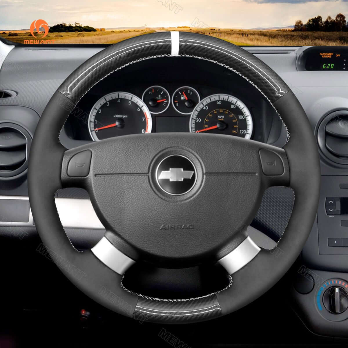 MEWANT Hand Stitch Car Steering Wheel Cover for Chevrolet (Chevy) Aveo/ Kalos/ Lacetti/ Nubira/ for Pontiac G3/for Holden Barina/ Viva - Alcantara, Leather, Carbon Fiber, Easy Install, Non - Slip, Best Steering Wheel Cover