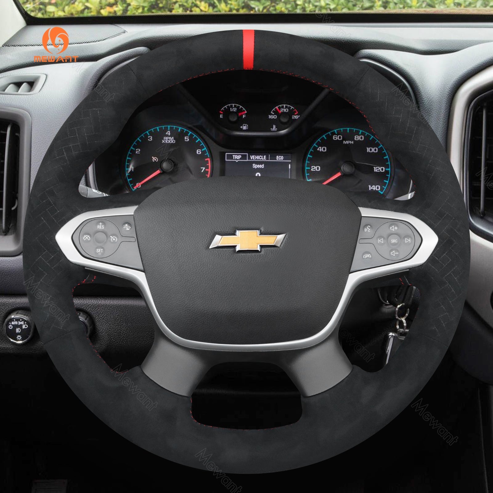 MEWANT Hand Stitch Car Steering Wheel Cover for Chevrolet (Chevy) Colorado/ Traverse - Alcantara, Leather, Carbon Fiber, Easy Install, Non - Slip, Best Steering Wheel Cover