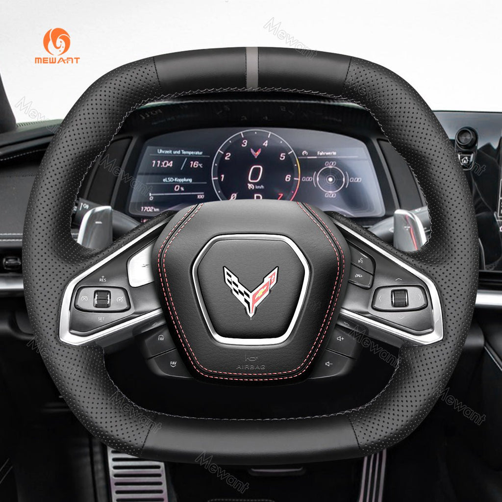 MEWANT Hand Stitch Car Steering Wheel Cover for Chevrolet Corvette (C8) 2020 - 2023 - Alcantara, Leather, Carbon Fiber, Easy Install, Non - Slip, Best Steering Wheel Cover