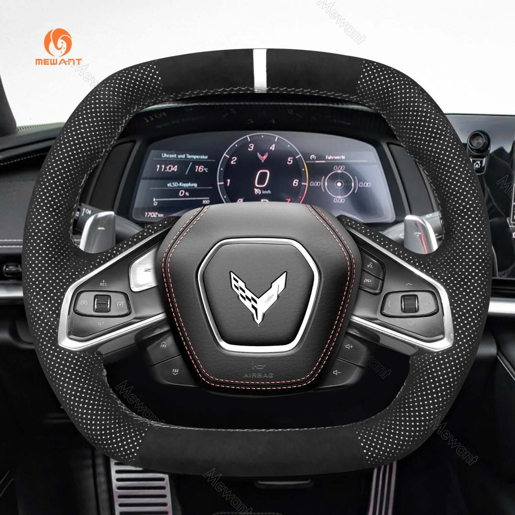 MEWANT Hand Stitch Car Steering Wheel Cover for Chevrolet Corvette (C8) 2020 - 2023 - Alcantara, Leather, Carbon Fiber, Easy Install, Non - Slip, Best Steering Wheel Cover