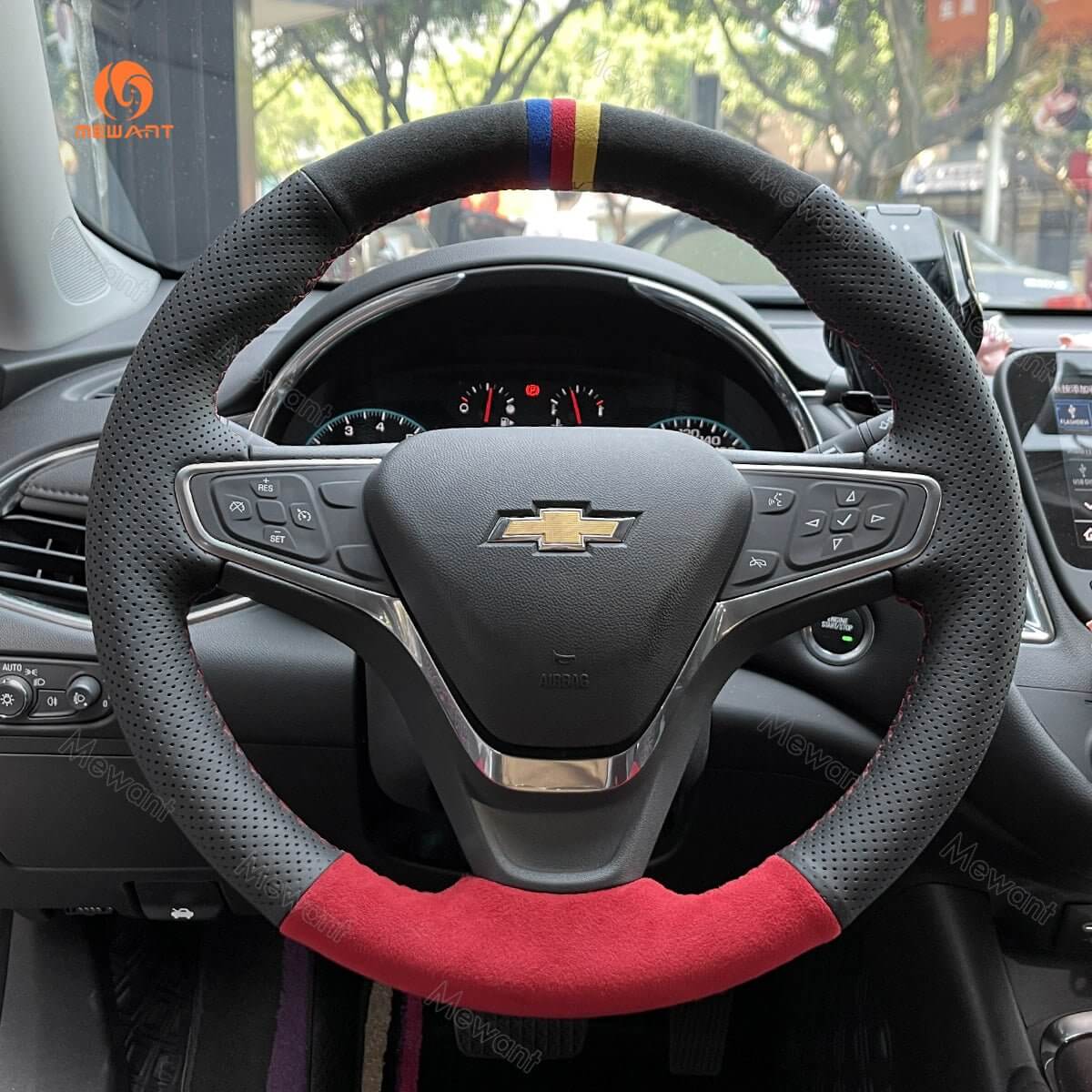 MEWANT Hand Stitch Car Steering Wheel Cover for Chevrolet Malibu 2016 - 2020 / Equinox 2018 - 2021 / for Opel Ampera - e 2016 - 2020 - Alcantara, Leather, Carbon Fiber, Easy Install, Non - Slip, Best Steering Wheel Cover