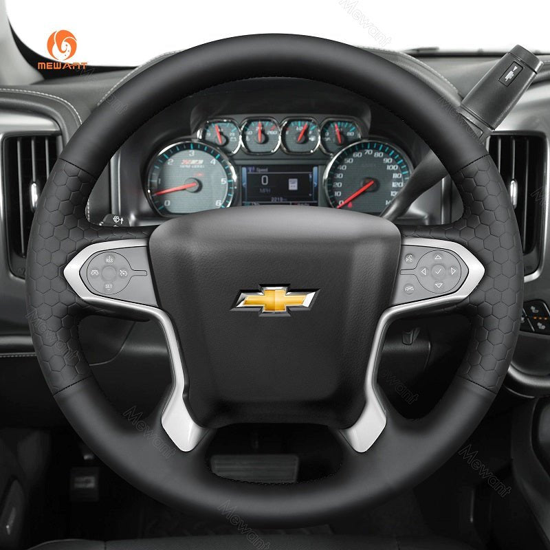 MEWANT Hand Stitch Car Steering Wheel Cover for Chevrolet Suburban Tahoe Silverado 1500 (LD) (2500/3500) (4500HD/5500HD/6500HD) - Alcantara, Leather, Carbon Fiber, Easy Install, Non - Slip, Best Steering Wheel Cover