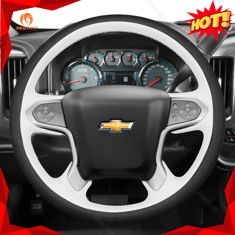 MEWANT Hand Stitch Car Steering Wheel Cover for Chevrolet Suburban Tahoe Silverado 1500 (LD) (2500/3500) (4500HD/5500HD/6500HD) - Alcantara, Leather, Carbon Fiber, Easy Install, Non - Slip, Best Steering Wheel Cover