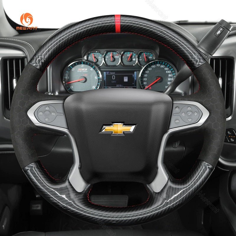 MEWANT Hand Stitch Car Steering Wheel Cover for Chevrolet Suburban Tahoe Silverado 1500 (LD) (2500/3500) (4500HD/5500HD/6500HD) - Alcantara, Leather, Carbon Fiber, Easy Install, Non - Slip, Best Steering Wheel Cover