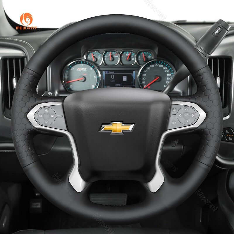 MEWANT Hand Stitch Car Steering Wheel Cover for Chevrolet Suburban Tahoe Silverado 1500 (LD) (2500/3500) (4500HD/5500HD/6500HD) - Alcantara, Leather, Carbon Fiber, Easy Install, Non - Slip, Best Steering Wheel Cover