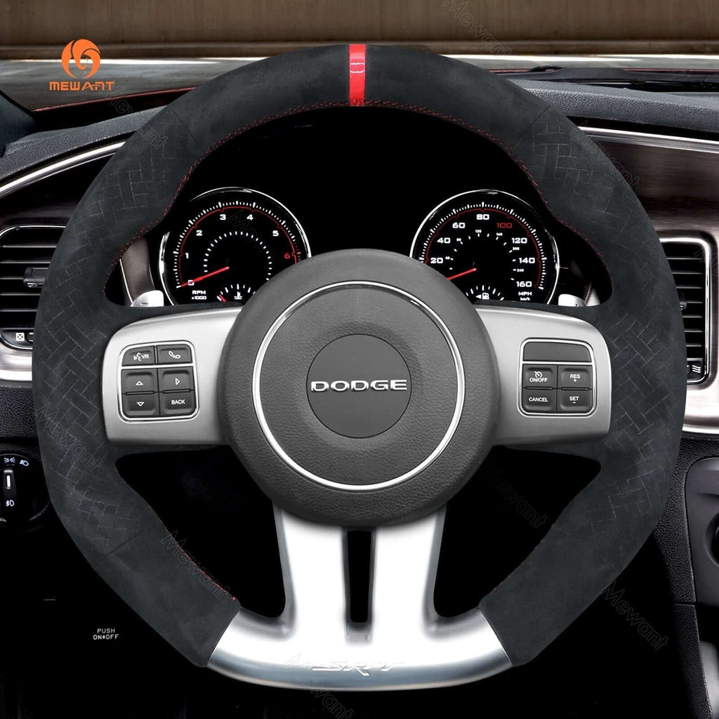 MEWANT Hand Stitch Car Steering Wheel Cover for Dodge Challenger (SRT) Charger (SRT) / for Jeep Grand Cherokee (SRT) - Alcantara, Leather, Carbon Fiber, Easy Install, Non - Slip, Best Steering Wheel Cover