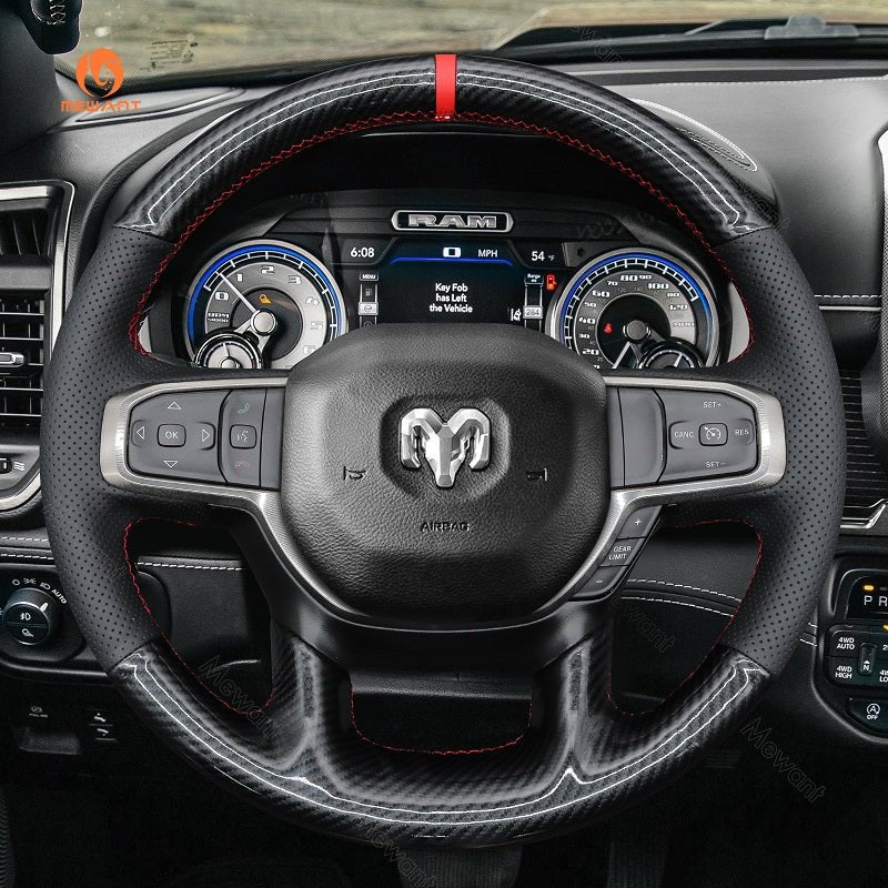 MEWANT Hand Stitch Car Steering Wheel Cover for Dodge RAM 1500 2019 - 2023/for Dodge - Alcantara, Leather, Carbon Fiber, Easy Install, Non - Slip, Best Steering Wheel Cover