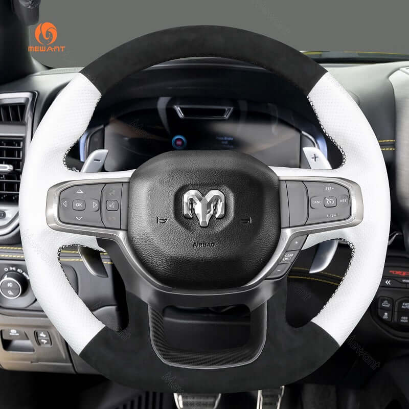 MEWANT Hand Stitch Car Steering Wheel Cover for Dodge Ram 1500 TRX 2021 - 2024 - Alcantara, Leather, Carbon Fiber, Easy Install, Non - Slip, Best Steering Wheel Cover