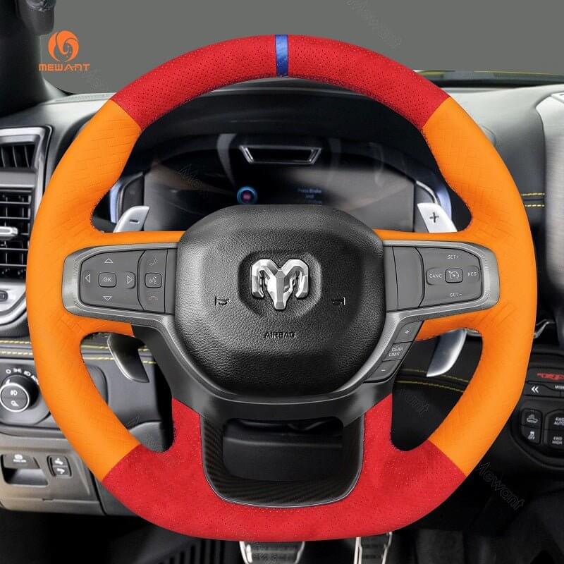 MEWANT Hand Stitch Car Steering Wheel Cover for Dodge Ram 1500 TRX 2021 - 2024 - Alcantara, Leather, Carbon Fiber, Easy Install, Non - Slip, Best Steering Wheel Cover
