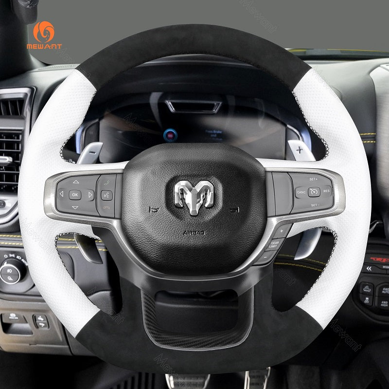 MEWANT Hand Stitch Car Steering Wheel Cover for Dodge Ram 1500 TRX 2021 - 2024 - Alcantara, Leather, Carbon Fiber, Easy Install, Non - Slip, Best Steering Wheel Cover