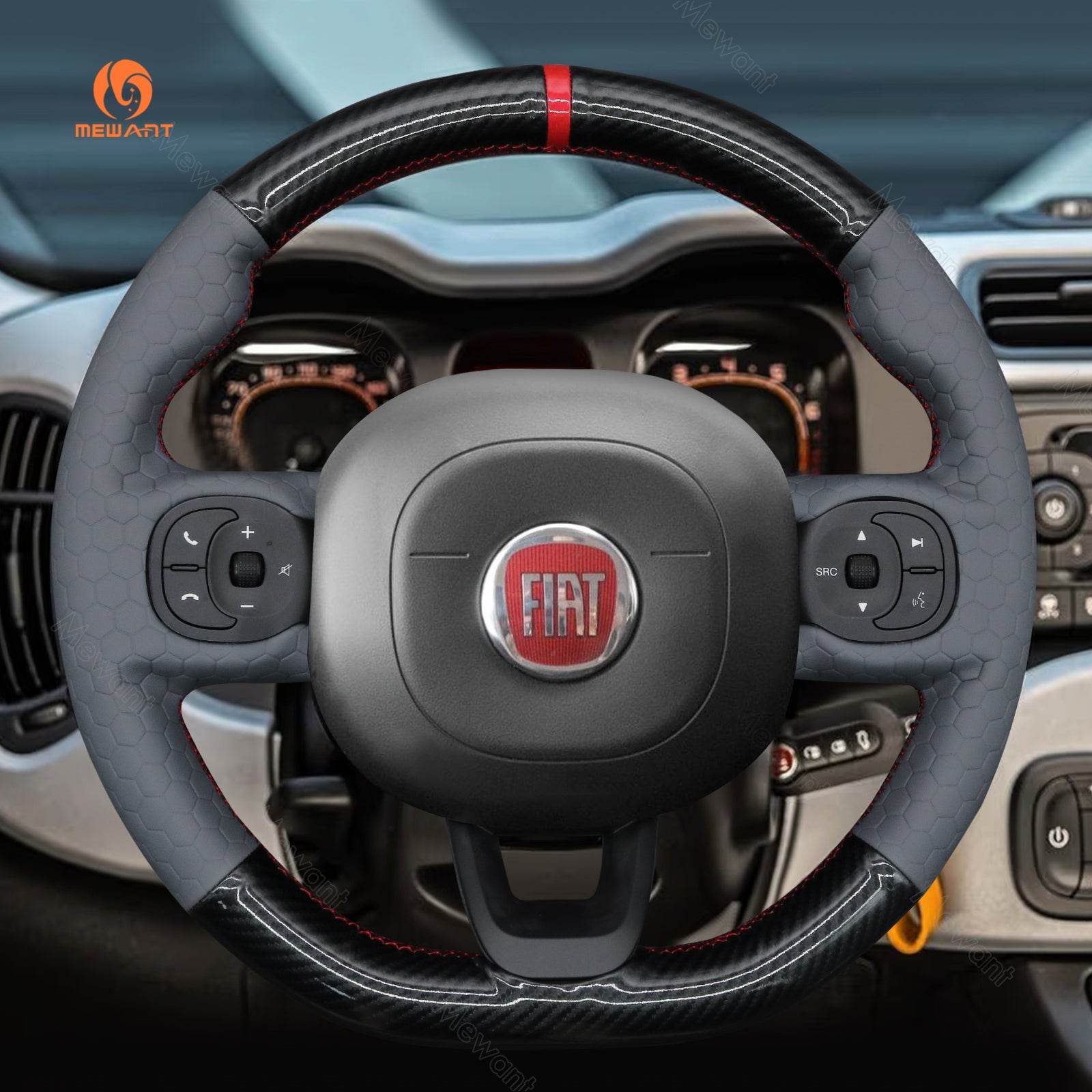 MEWANT Hand Stitch Car Steering Wheel Cover for Fiat Panda 2012 - 2024 - Alcantara, Leather, Carbon Fiber, Easy Install, Non - Slip, Best Steering Wheel Cover