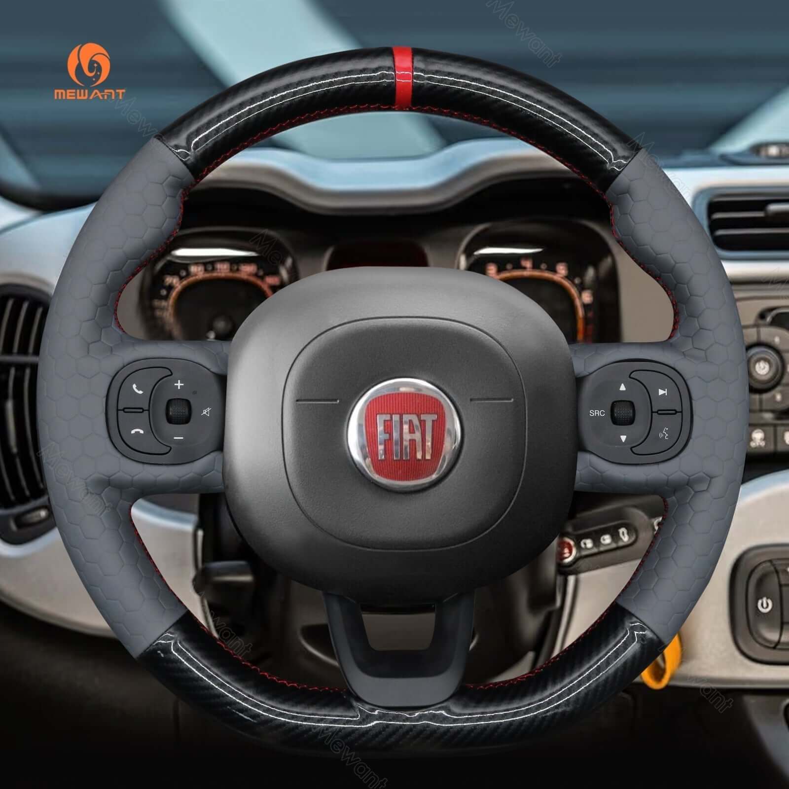 MEWANT Hand Stitch Car Steering Wheel Cover for Fiat Panda 2012 - 2024 - Alcantara, Leather, Carbon Fiber, Easy Install, Non - Slip, Best Steering Wheel Cover