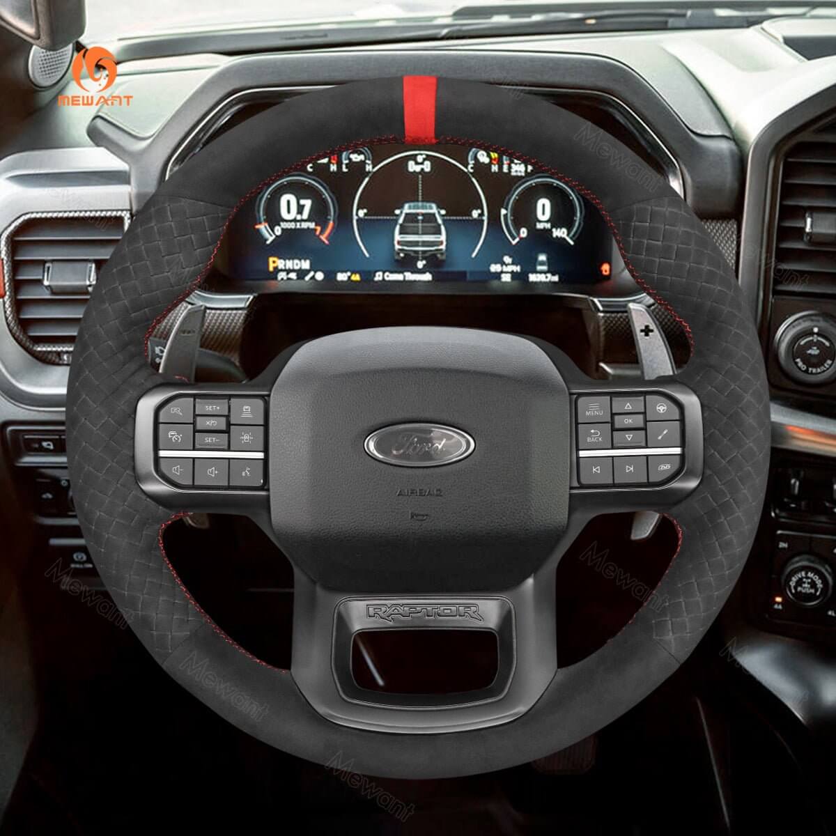 MEWANT Hand Stitch Car Steering Wheel Cover for Ford F - 150 F150 Raptor 2021 - 2024 - Alcantara, Leather, Carbon Fiber, Easy Install, Non - Slip, Best Steering Wheel Cover