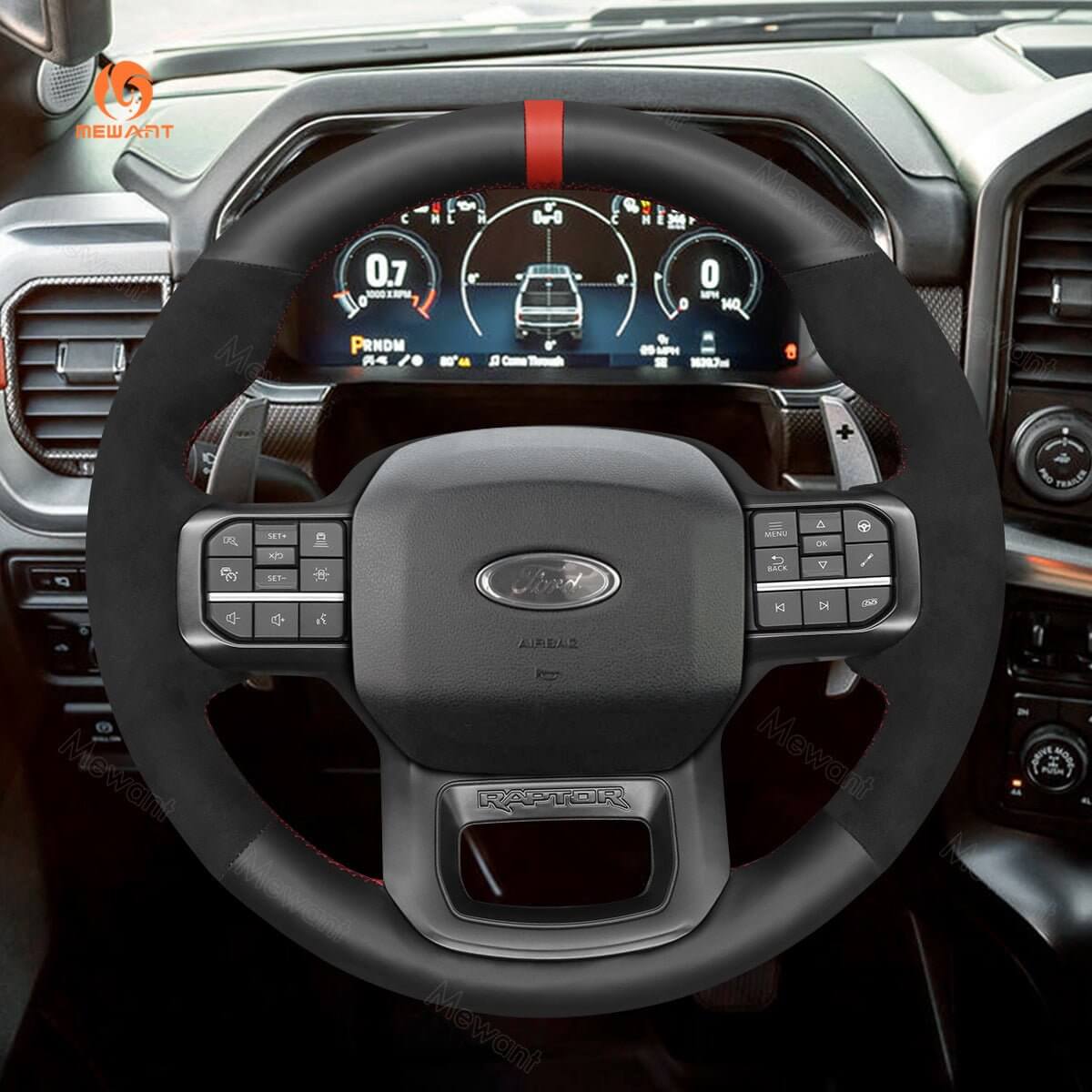 MEWANT Hand Stitch Car Steering Wheel Cover for Ford F - 150 F150 Raptor 2021 - 2024 - Alcantara, Leather, Carbon Fiber, Easy Install, Non - Slip, Best Steering Wheel Cover