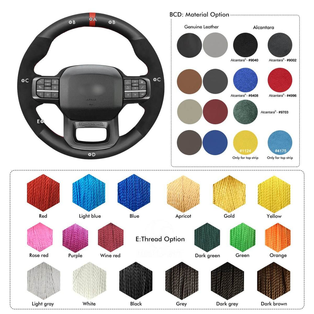 MEWANT Hand Stitch Car Steering Wheel Cover for Ford F - 150 F150 Raptor 2021 - 2024 - Alcantara, Leather, Carbon Fiber, Easy Install, Non - Slip, Best Steering Wheel Cover
