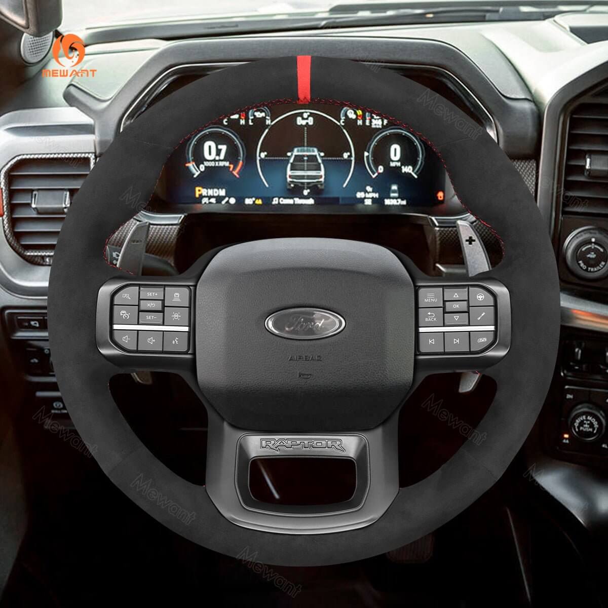 MEWANT Hand Stitch Car Steering Wheel Cover for Ford F - 150 F150 Raptor 2021 - 2024 - Alcantara, Leather, Carbon Fiber, Easy Install, Non - Slip, Best Steering Wheel Cover