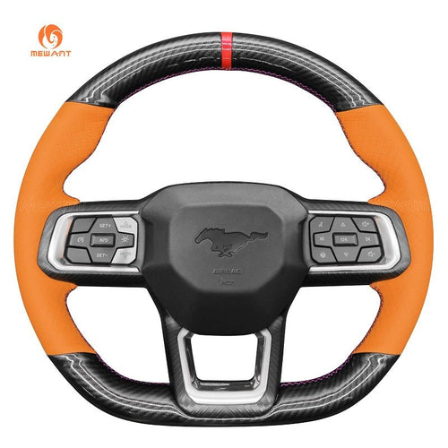 MEWANT Hand Stitch Car Steering Wheel Cover for Ford Mustang 2024 - Alcantara, Leather, Carbon Fiber, Easy Install, Non - Slip, Best Steering Wheel Cover
