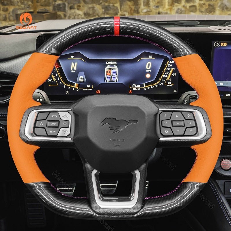 MEWANT Hand Stitch Car Steering Wheel Cover for Ford Mustang 2024 - Alcantara, Leather, Carbon Fiber, Easy Install, Non - Slip, Best Steering Wheel Cover