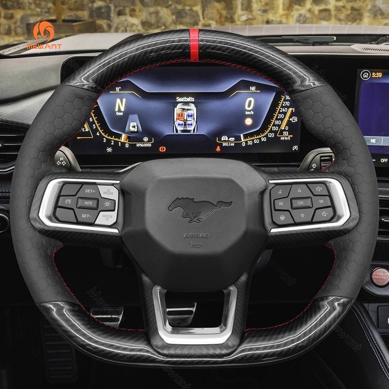 MEWANT Hand Stitch Car Steering Wheel Cover for Ford Mustang 2024 - Alcantara, Leather, Carbon Fiber, Easy Install, Non - Slip, Best Steering Wheel Cover