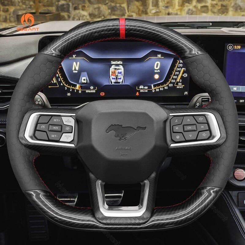 MEWANT Hand Stitch Car Steering Wheel Cover for Ford Mustang 2024 - Alcantara, Leather, Carbon Fiber, Easy Install, Non - Slip, Best Steering Wheel Cover