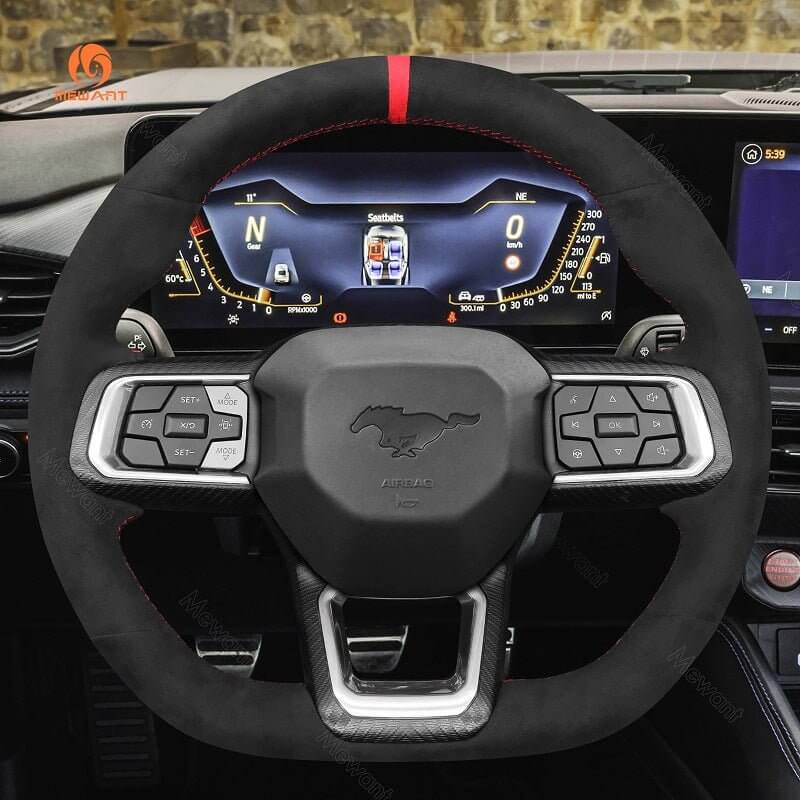 MEWANT Hand Stitch Car Steering Wheel Cover for Ford Mustang 2024 - Alcantara, Leather, Carbon Fiber, Easy Install, Non - Slip, Best Steering Wheel Cover