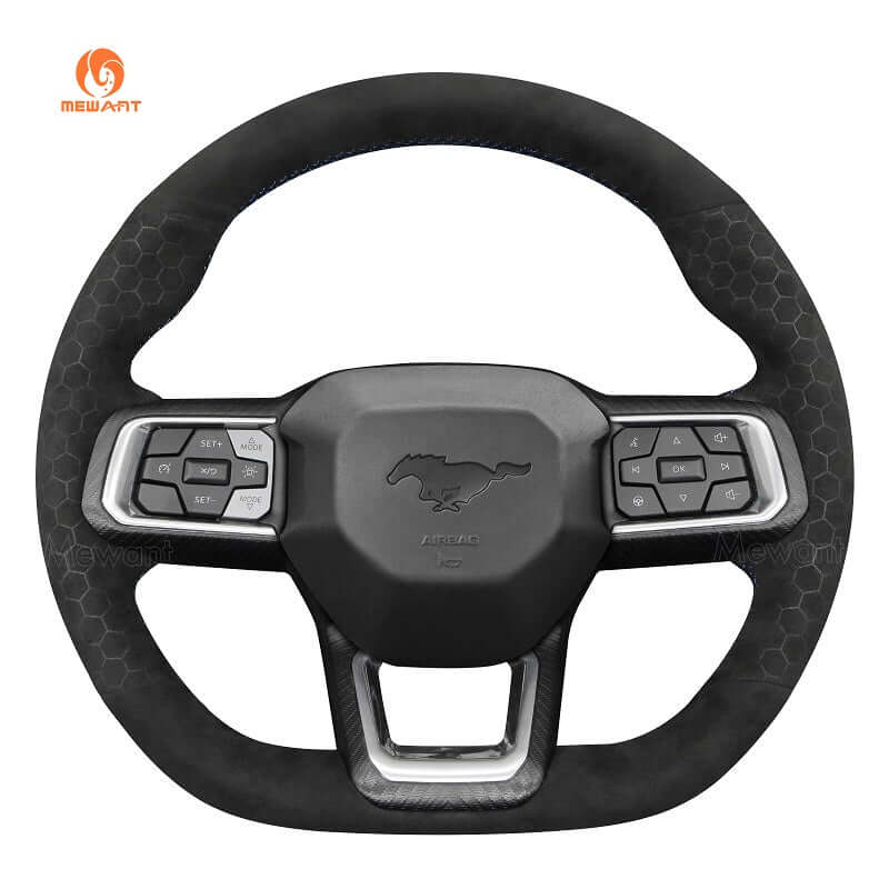 MEWANT Hand Stitch Car Steering Wheel Cover for Ford Mustang 2024 - Alcantara, Leather, Carbon Fiber, Easy Install, Non - Slip, Best Steering Wheel Cover