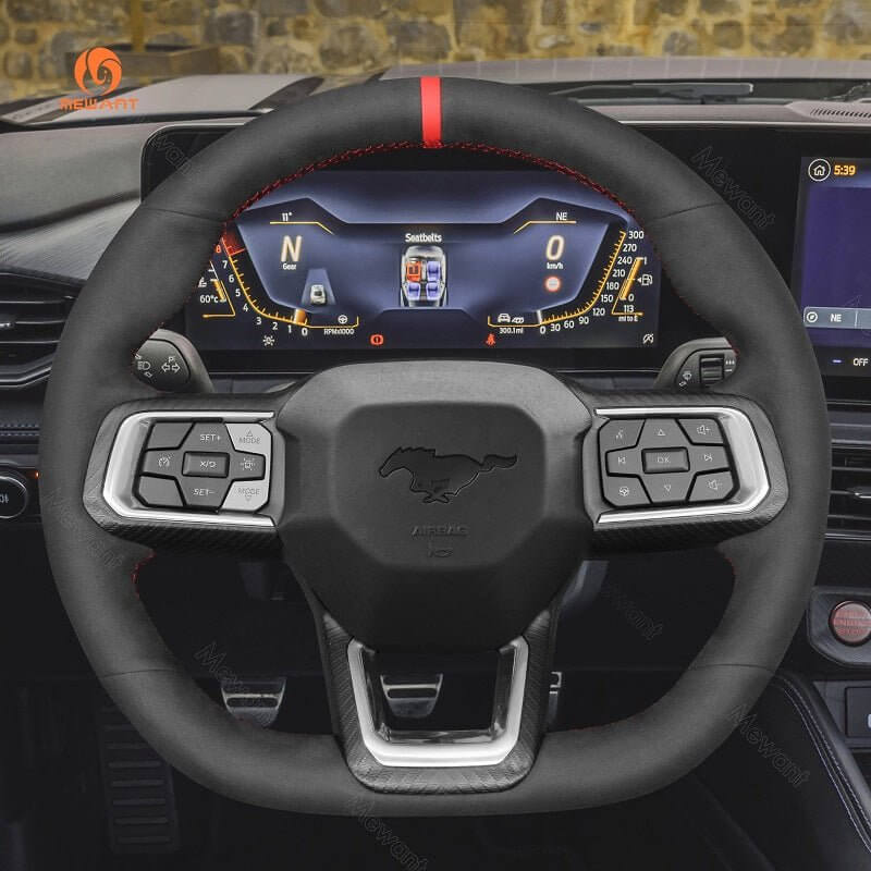 MEWANT Hand Stitch Car Steering Wheel Cover for Ford Mustang 2024 - Alcantara, Leather, Carbon Fiber, Easy Install, Non - Slip, Best Steering Wheel Cover