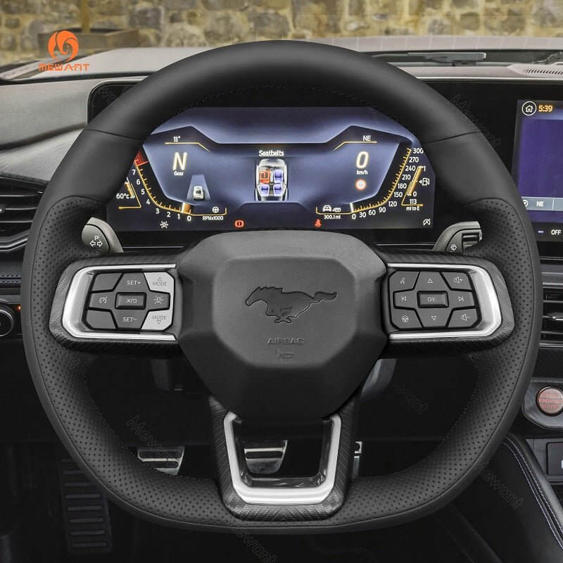 MEWANT Hand Stitch Car Steering Wheel Cover for Ford Mustang 2024 - Alcantara, Leather, Carbon Fiber, Easy Install, Non - Slip, Best Steering Wheel Cover