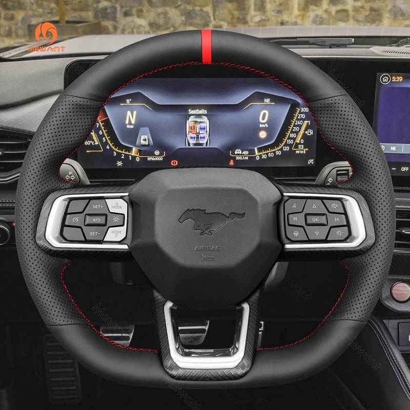MEWANT Hand Stitch Car Steering Wheel Cover for Ford Mustang 2024 - Alcantara, Leather, Carbon Fiber, Easy Install, Non - Slip, Best Steering Wheel Cover