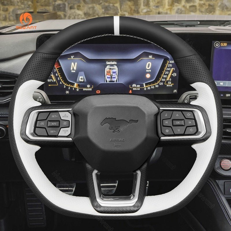 MEWANT Hand Stitch Car Steering Wheel Cover for Ford Mustang 2024 - Alcantara, Leather, Carbon Fiber, Easy Install, Non - Slip, Best Steering Wheel Cover