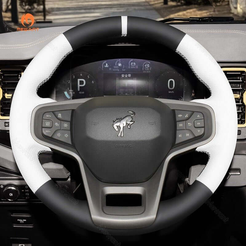 MEWANT Hand Stitch Car Steering Wheel Cover for Ford Mustang 2024 - Alcantara, Leather, Carbon Fiber, Easy Install, Non - Slip, Best Steering Wheel Cover