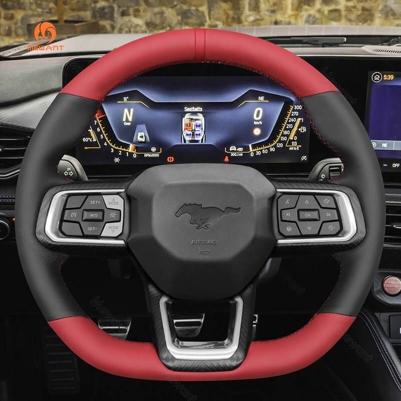 MEWANT Hand Stitch Car Steering Wheel Cover for Ford Mustang 2024 - Alcantara, Leather, Carbon Fiber, Easy Install, Non - Slip, Best Steering Wheel Cover