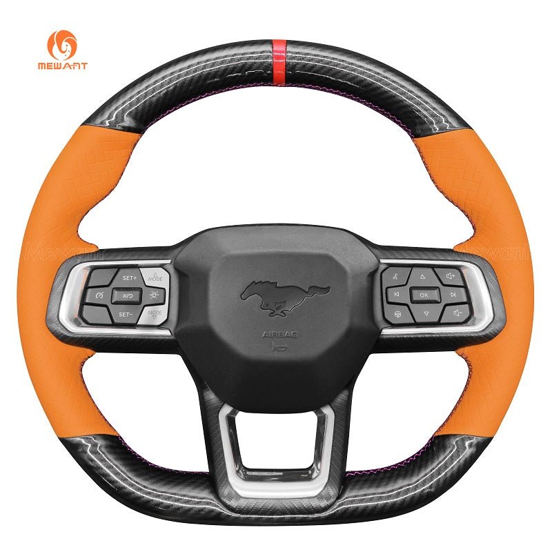 MEWANT Hand Stitch Car Steering Wheel Cover for Ford Mustang 2024 - Alcantara, Leather, Carbon Fiber, Easy Install, Non - Slip, Best Steering Wheel Cover