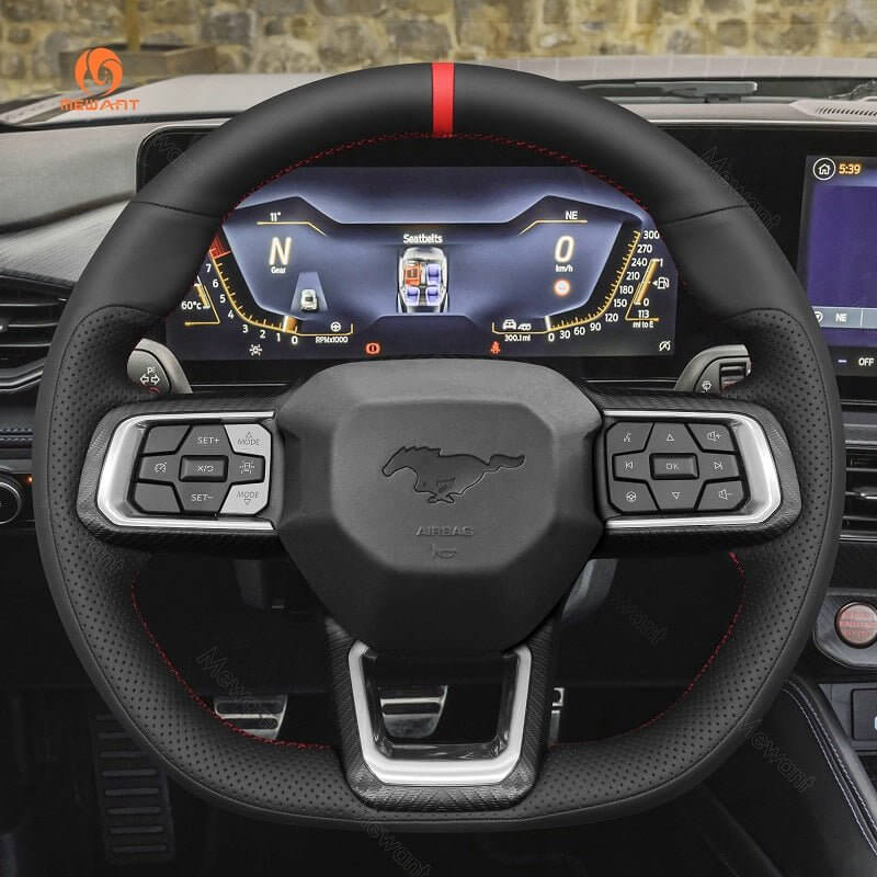 MEWANT Hand Stitch Car Steering Wheel Cover for Ford Mustang 2024 - Alcantara, Leather, Carbon Fiber, Easy Install, Non - Slip, Best Steering Wheel Cover