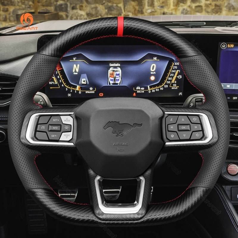 MEWANT Hand Stitch Car Steering Wheel Cover for Ford Mustang 2024 - Alcantara, Leather, Carbon Fiber, Easy Install, Non - Slip, Best Steering Wheel Cover